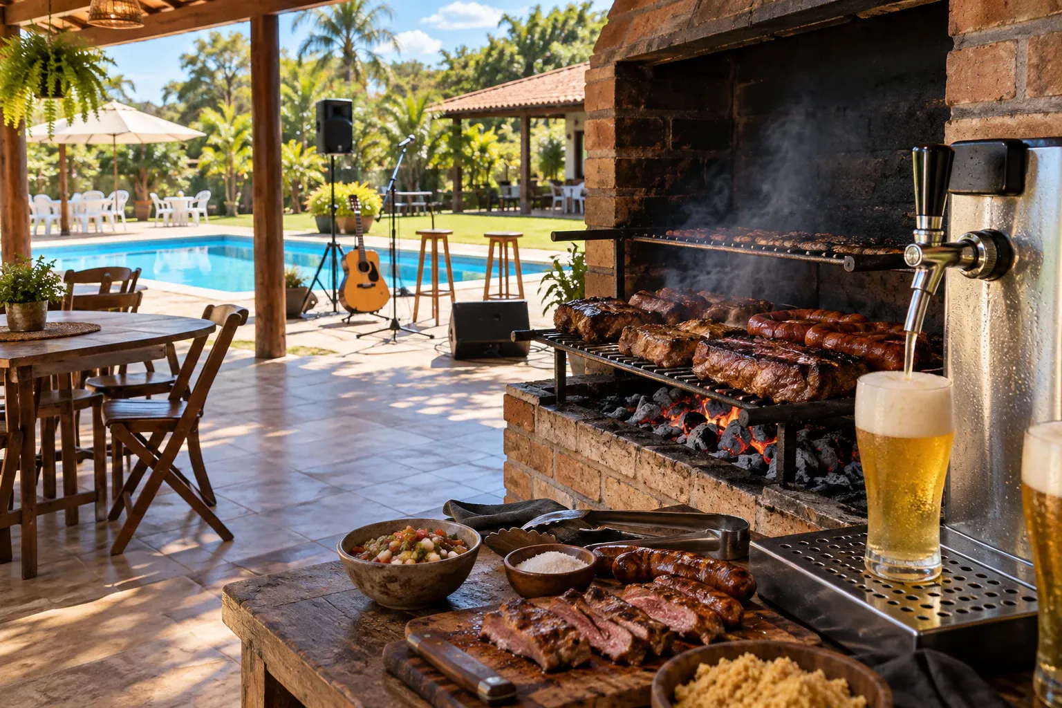 Churrasco e chope em espaço rústico de eventos com piscina e música